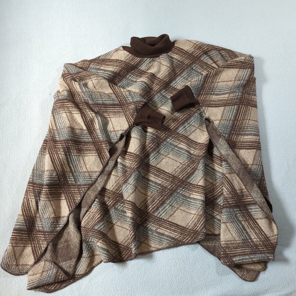 COCO CARMEN Plaid Turtleneck Poncho One Size Brown Tan Brown